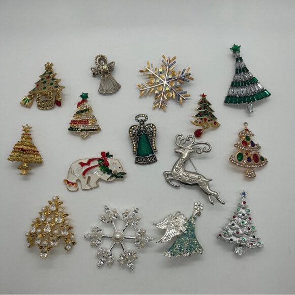Christmas Brooch Lot Tree Pin Radko Eisenberg Avon Gerry Both Vintage Modern - Picture 2 of 16